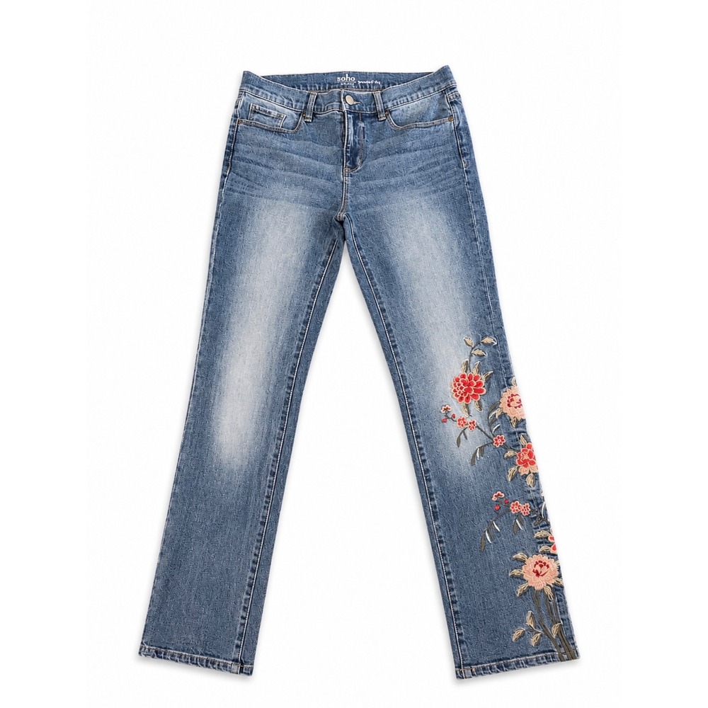 New York & Company Soho Jeans Straight Leg Floral Embroidered Blue Denim 6 NEW